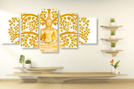 5-CZĘŚCIOWY OBRAZ BUDDA Z DRZEWEM ŻYCIA - OBRAZY FENG SHUI - OBRAZY