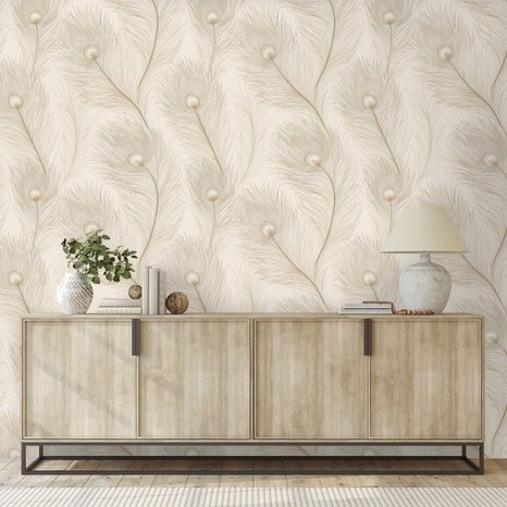 FOTOTAPETA BÉŽOVÁ ELEGANCE S PTAČÍMI PERY - VZOROVANÉ TAPETY - TAPETY