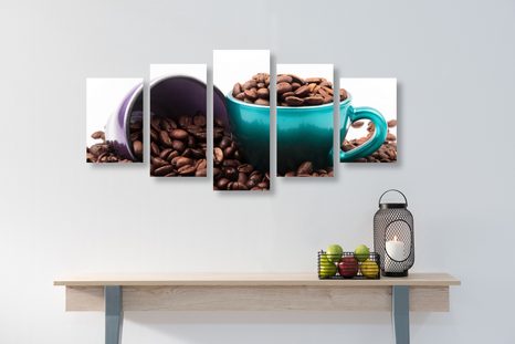 5-DIELNY OBRAZ ŠÁLKY S KÁVOVÝMI ZRNKAMI - OBRAZY JEDLÁ A NÁPOJE - OBRAZY
