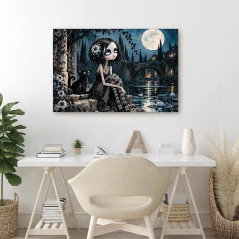 QUADRO SU TELA – RAGAZZA GOTICA CON GATTO NERO - QUADRI HALLOWEEN E HORROR - STAMPE E QUADRI