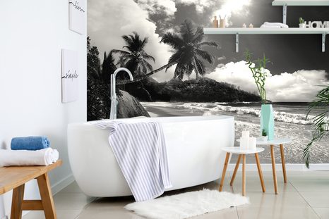 WALL MURAL BEACH ON THE ISLAND OF SEYCHELLES IN BLACK AND WHITE - BLACK AND WHITE WALLPAPERS - WALLPAPERS