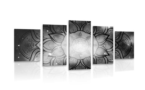 5-PIECE CANVAS PRINT MANDALA WITH A GALAXY BACKGROUND IN BLACK AND WHITE - BLACK AND WHITE PICTURES - PICTURES