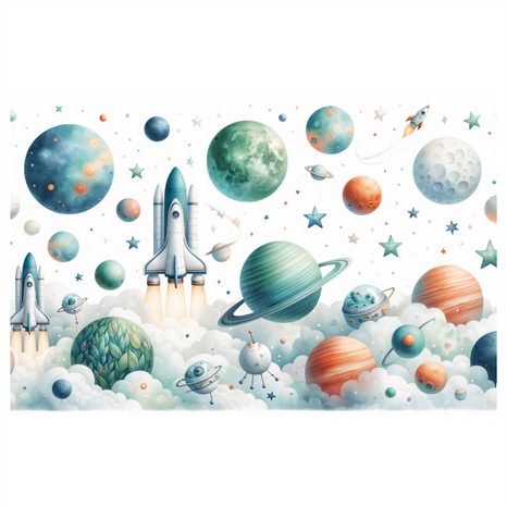 WANDBILD RAKETE ZWISCHEN PLANETEN - KINDERBILDER WELTRAUM - BILDER