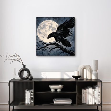 QUADRO SU TELA – CORVO NERO SOTTO LA LUNA PIENA - QUADRI HALLOWEEN E HORROR - STAMPE E QUADRI