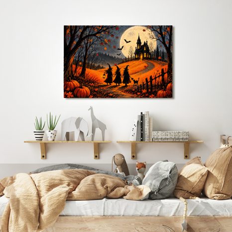 QUADRO SU TELA – STREGA SOTTO IL MANIERO AL CHIARO DI LUNA - QUADRI HALLOWEEN E HORROR - STAMPE E QUADRI