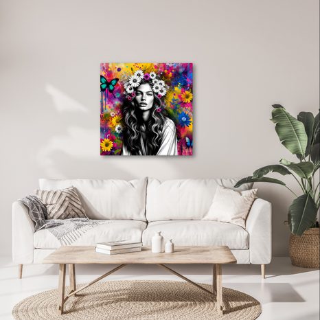 WANDBILD MÄDCHEN MIT SCHMETTERLINGEN UND BLUMEN - WANDBILDER FRAUEN - BILDER