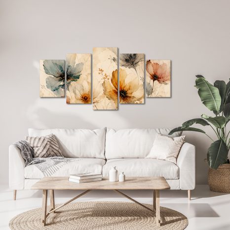 TABLEAU EN 5 PARTIES – FLEURS AQUARELLÉES AUX TONS DÉLICATS - TABLEAUX DE FLEURS - TABLEAUX