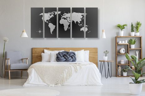 5-DÍLNÝ OBRAZ MAPA SVĚTA V ODSTÍNECH ŠEDI - OBRAZY MAPY - OBRAZY