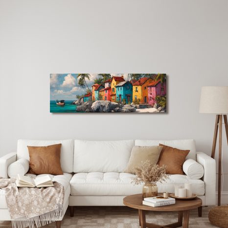 WANDBILD TROPISCHES IDYLL MIT PALMEN - BUNTE HÄUSER - BILDER