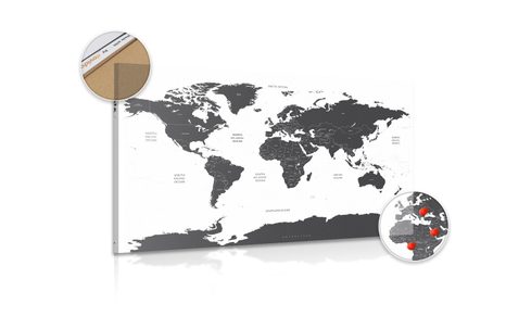 OBRAZ NA KORKU MAPA SVĚTA S JEDNOTLIVÝMI STÁTY V ŠEDÉ BARVĚ - OBRAZY NA KORKU - OBRAZY