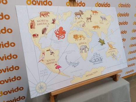 SCHILDERIJ OP KURK WERELDKAART MET DIEREN - SCHILDERIJEN OP KURK - SCHILDERIJEN