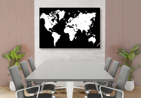 WANDBILD WEISSE WELTKARTE AUF SCHWARZEM HINTERGRUND - WELTKARTEN ALS BILDER - BILDER