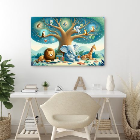 SLIKA ŽIVOTINJE KOJE ČITAJU POD STABLOM - DJEČJE SLIKE ŽIVOTINJICE - SLIKE
