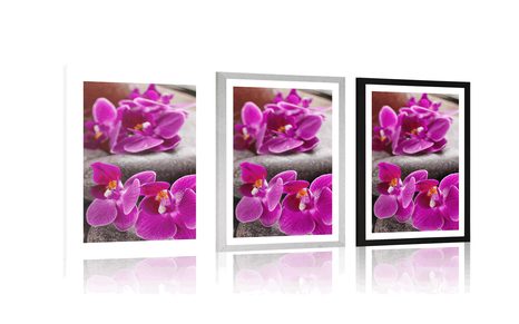 PLAKÁT S PASPARTOU NÁDHERNÁ ORCHIDEJ A ZEN KAMENY - FENG SHUI - PLAKÁTY