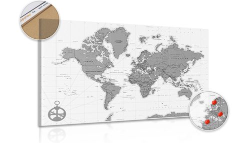 PICTURE ON CORK STYLISH MAP WITH COMPASS IN BLACK & WHITE DESIGN