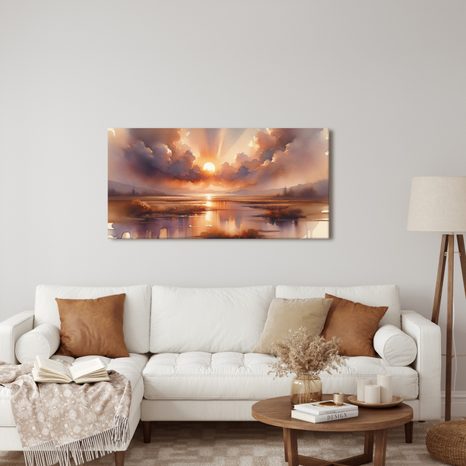 WANDBILD SONNE ÜBER RUHIGER WASSERFLÄCHE - BILDER VON SONNENAUFGANG UND SONNENUNTERGANG - BILDER