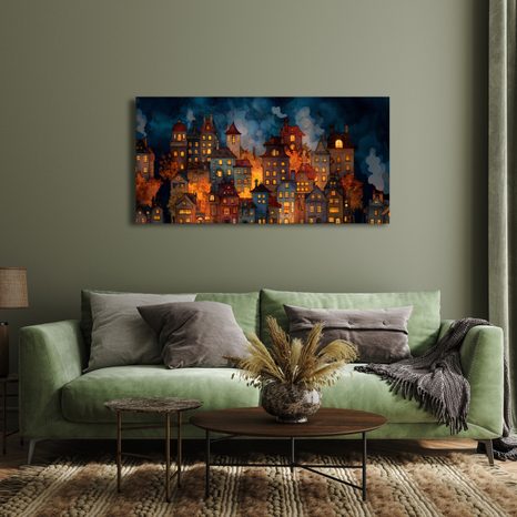 OBRAZ KOUZELNÁ ZIMNÍ NOC VE MĚSTĚ - BAREVNÉ DOMY - OBRAZY