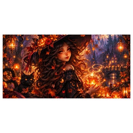 QUADRO SU TELA – STREGA AUTUNNALE E GATTO NERO - QUADRI HALLOWEEN E HORROR - STAMPE E QUADRI