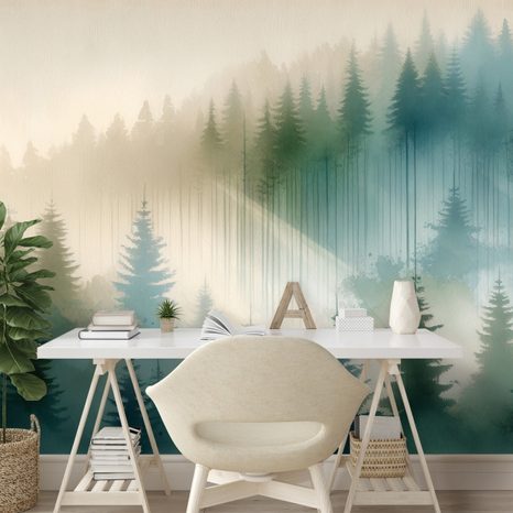 TAPETE NEBLIGER WALD IN AQUARELL - TAPETEN WALD - TAPETEN