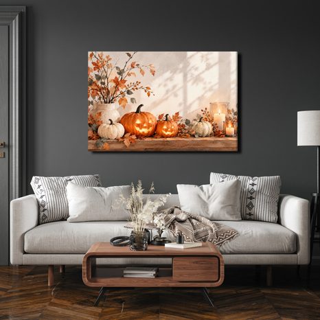 QUADRO SU TELA – ZUCCHE AUTUNNALI CON CANDELE - QUADRI HALLOWEEN E HORROR - STAMPE E QUADRI