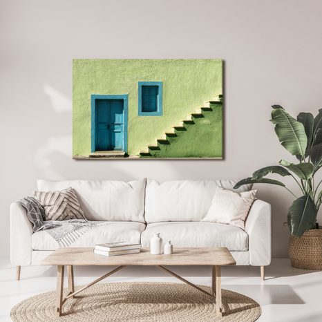 WANDBILD BLAUE TÜR UND TREPPEN - BUNTE HÄUSER - BILDER