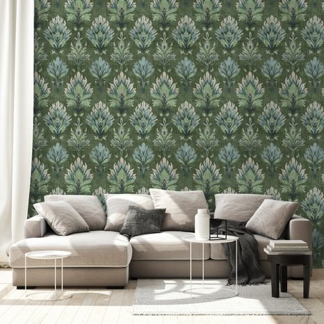 SAMOLEPÍCÍ TAPETA ZELENÉ VINTAGE ROSTLINNÉ ORNAMENTY - VZOROVANÉ TAPETY - TAPETY