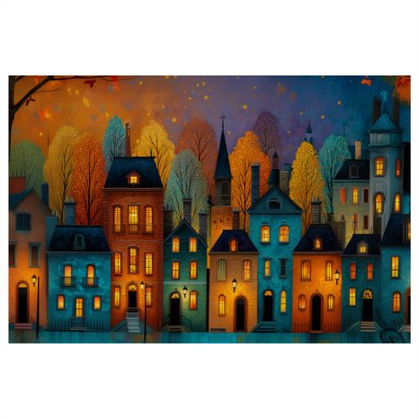 OBRAZ PODZIMNÍ VEČER V ULICÍCH - BAREVNÉ DOMY - OBRAZY