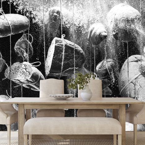 WALL MURAL BLACK AND WHITE PASTRIES ON A ROPE - BLACK AND WHITE WALLPAPERS - WALLPAPERS