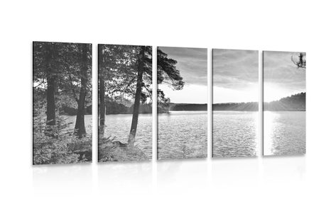 5-PIECE CANVAS PRINT SUNSET OVER THE LAKE IN BLACK AND WHITE - BLACK AND WHITE PICTURES - PICTURES