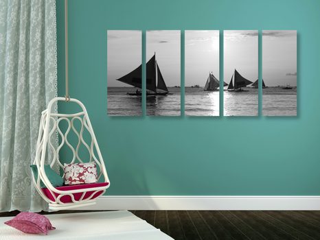 5-DELNA SLIKA ČUDOVITI SONČNI ZAHOD PRI MORJU V ČRNOBELI IZVEDBI - ČRNOBELE SLIKE - SLIKE