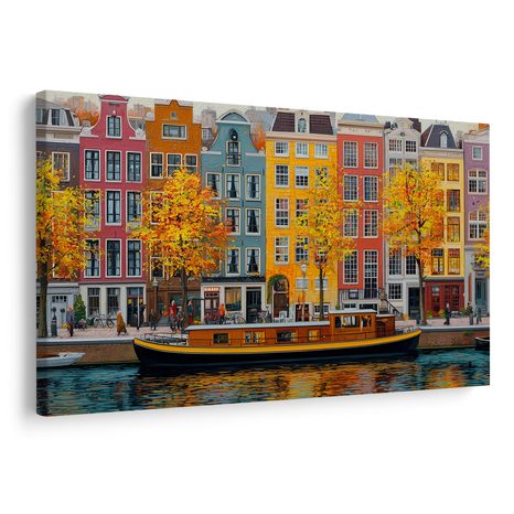 OBRAZ PODZIMNÍ KANÁLY AMSTERDAMU - BAREVNÉ DOMY - OBRAZY