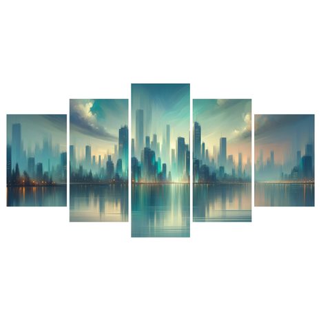 5-DÍLNÝ OBRAZ FUTURISTICKÉ MĚSTO U ŘEKY - OBRAZY MĚSTA - OBRAZY