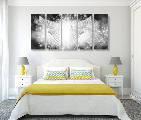 5-TEILIGES WANDBILD SCHWARZ-WEISSE FLÜGEL MIT ABSTRAKTEN ELEMENTEN - SCHWARZ-WEISSE BILDER - BILDER