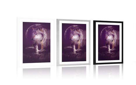 POSTER MIT PASSEPARTOUT WOLF IM MONDLICHT - MOTIVE AUS UNSERER WERKSTATT - POSTER