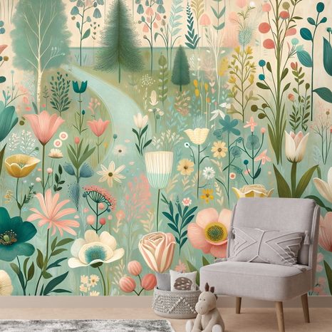 TAPETE PASTELLFARBENE BLUMENWIESE - TAPETEN FELDER UND WIESEN - TAPETEN
