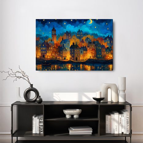 OBRAZ KOUZELNÁ NOČNÍ KRAJINA - BAREVNÉ DOMY - OBRAZY