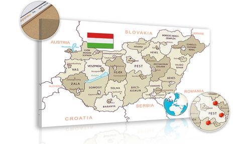 OBRAZ NA KORKU DECENTNÁ BÉŽOVÁ MAPA MAĎARSKA - OBRAZY NA KORKU - OBRAZY