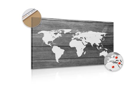 OBRAZ NA KORKU ČERNOBÍLÁ MAPA SVĚTA S DŘEVĚNÝM POZADÍM - OBRAZY NA KORKU - OBRAZY