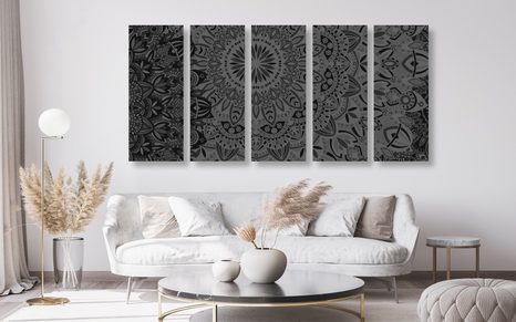 5-DÍLNÝ OBRAZ STYLOVÁ MANDALA V ČERNOBÍLÉM PROVEDENÍ - OBRAZY FENG SHUI - OBRAZY