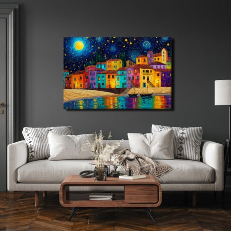 OBRAZ BAREVNÁ NOC NAD MĚSTEM - BAREVNÉ DOMY - OBRAZY