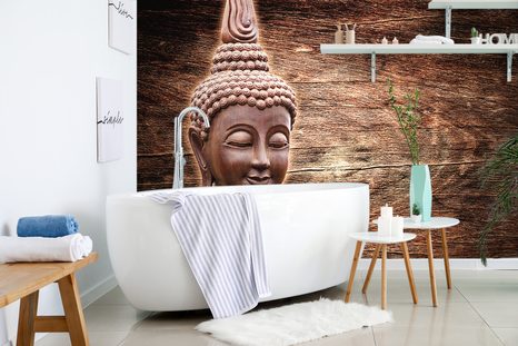 SAMOLEPÍCÍ TAPETA SOCHA BUDDHY NA DŘEVĚNÉM POZADÍ - SAMOLEPÍCÍ TAPETY - TAPETY