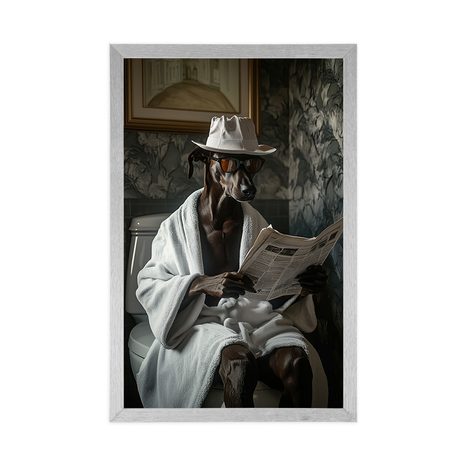 POSTER HUND MIT EINER ZEITUNG AUF DEM KLO - HUNDE - POSTER