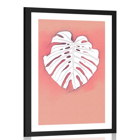 POSTER PASSEPARTOUT LEAF ON A PINK BACKGROUND