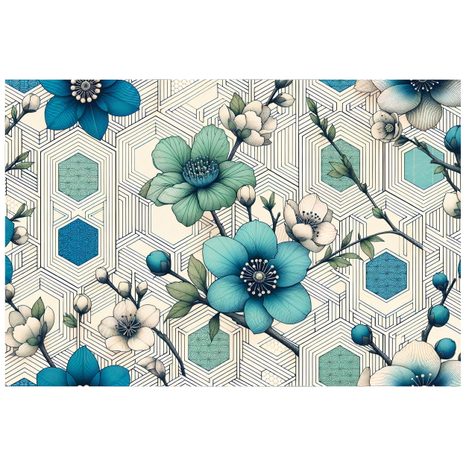SAMOLEPÍCÍ TAPETA MODRÉ KVĚTY S GEOMETRICKÝM POZADÍM - TAPETY KVĚTINY - TAPETY