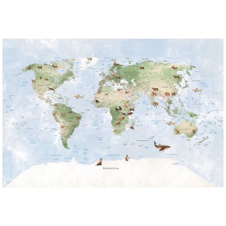 SAMOLEPÍCÍ FOTOTAPETA SVĚTOVÁ MAPA SE ZVÍŘATY - DĚTSKÉ TAPETY - TAPETY