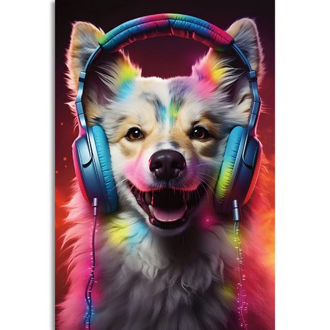 STAMPA SU TELA – CANE CON CUFFIE - QUADRI DI ANIMALI DA FESTA CON LE CUFFIE - STAMPE E QUADRI