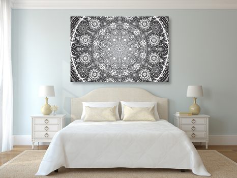 OBRAZ OKRASNÁ MANDALA S KRAJKOU V ČERNOBÍLÉM PROVEDENÍ - ČERNOBÍLÉ OBRAZY - OBRAZY