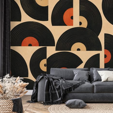 TAPETE RETRO-VINYLPLATTEN AUF BEIGEM HINTERGRUND - MUSIK FOTOTAPETEN - TAPETEN