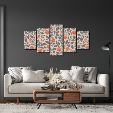 TABLEAU EN 5 PARTIES – MOTIF FLORAL AUX FEUILLES - TABLEAUX DE FLEURS - TABLEAUX