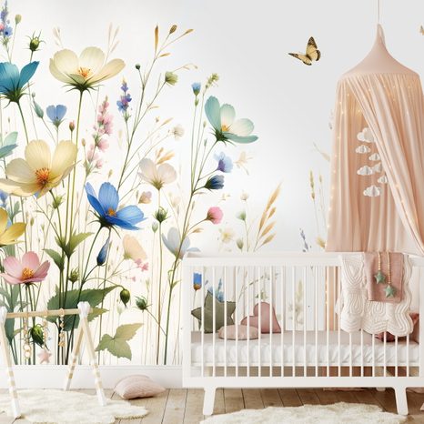 SAMOLEPÍCÍ TAPETA PASTELOVÉ KVĚTINY A LÉTAJÍCÍ MOTÝLI - ΤΑΠΕΤΣΑΡΊΑ ΜΕ ΛΟΥΛΟΎΔΙΑ - ΤΑΠΕΤΣΑΡΊΕΣ